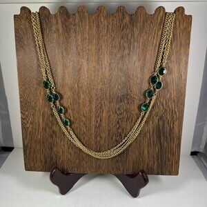Vintage Corocraft Emerald Green Glass Station Necklace Gold-Tone Chain Multi-Str